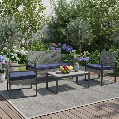 Segmart Rattan Patio Conversation Set, 4 Pieces Outdoor Sectional Sofa Set with Table, Gray Thick Cushioned Patio Furniture Set Loveseat Armchairs, Max Weight Over 350lbs