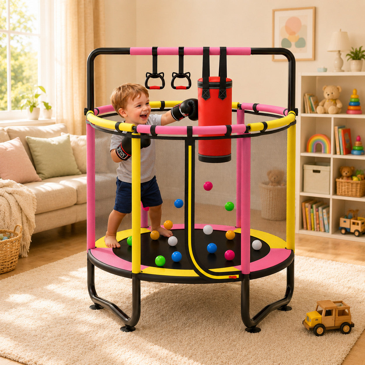 55" Kids Trampoline with Safety Enclosure Net, Toddler Trampoline for Kids, Small Trampoline for Kids, Mini Trampoline, Indoor Trampoline with Jumping Mat, Spring Padding, Gifts for Ages 3+