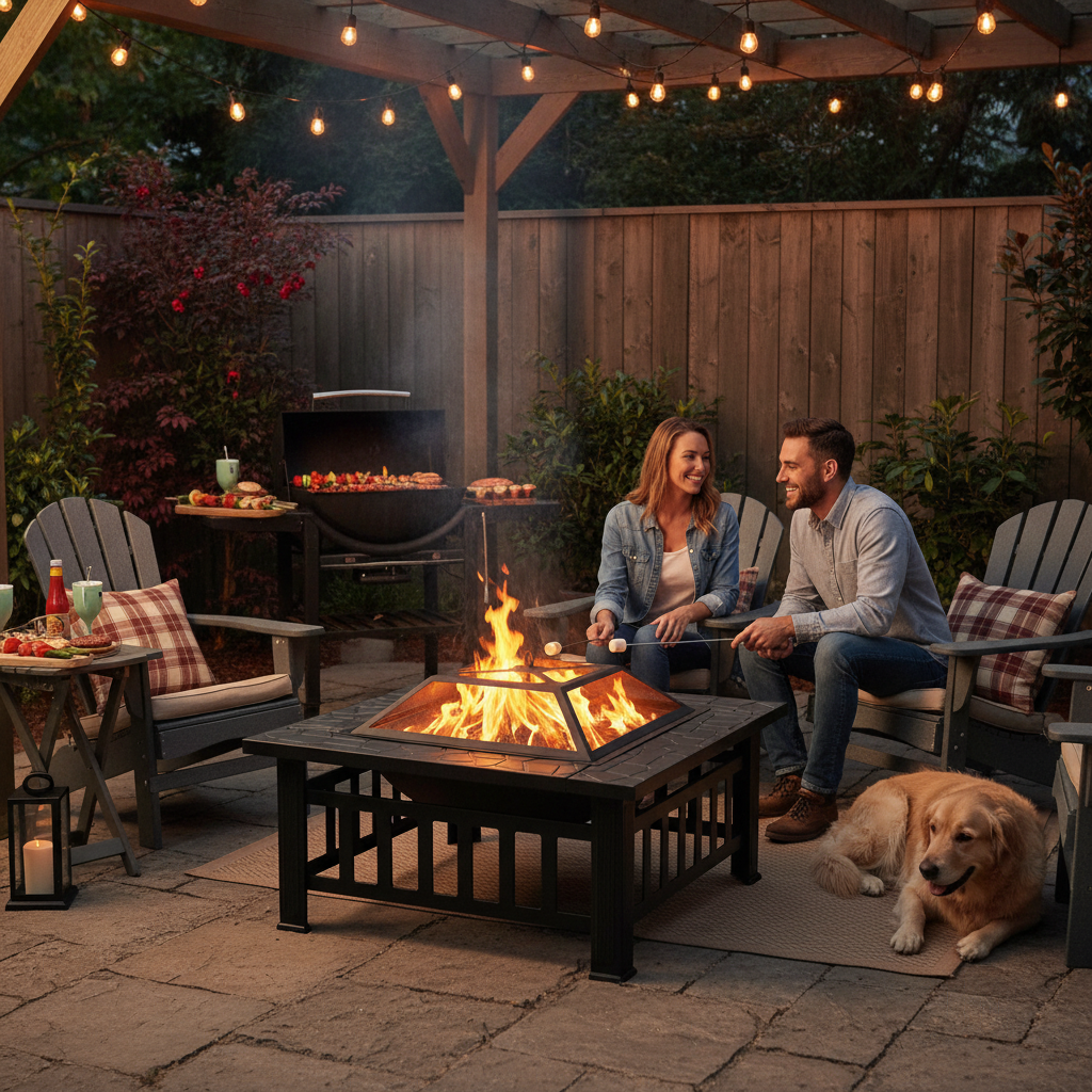 Segmart 32" Fire Pit for Outside, Square Wood Burning Metal Firepit Table w/Waterproof Cover, Food Clip, Mesh Screen Lid, Poker, Heater/Grill/Ice Pit for Backyard Patio Garden BBQ Grill, S7044