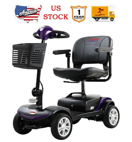 Four wheels Compact Travel Motorized Mobility Scooter, Compact Motorized Scooter w/Detachable Basket, Heavy Duty Electric Scooter for Seniors, Adults, Easy Assembly, 300lbs, Purple, SS191