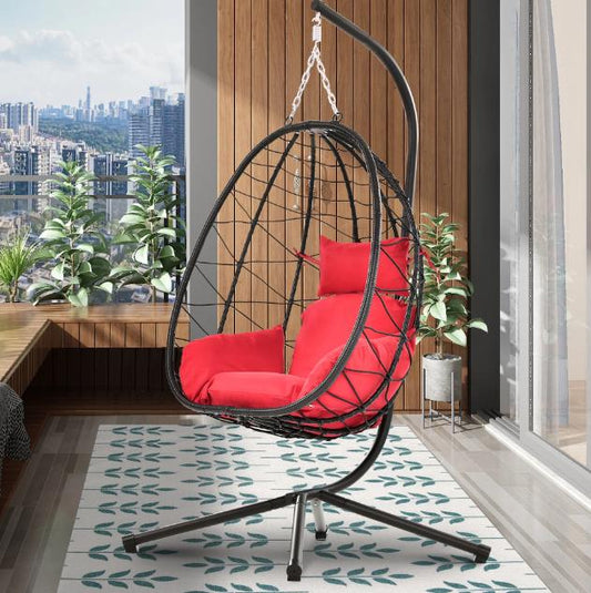 Outdoor Hanging Egg Chair, Garden Swing Egg Chair with Cushion and Stand, Wicker Swing Chair w/ Hanging Kits, Durable All-Weather UV Rattan Lounge Chair for Patio, Deck, Yard, 350lbs, Red, SS1958