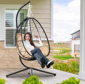 Outdoor Hanging Egg Chair, Garden Swing Egg Chair with Cushion and Stand, Wicker Swing Chair w/ Hanging Kits, Durable All-Weather UV Rattan Lounge Chair for Patio, Deck, Yard, 350lbs, Beige, S458