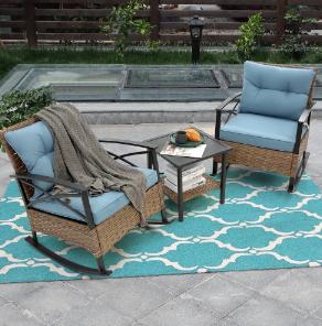 Segmart 3 Pieces Outdoor Patio Rocking Chairs FurnitureSet, Rattan Wicker Front Porch Bistro Conversation Furniture Set with Cushions Outside & Coffee Table, Max Weight 250 LBS, Blue