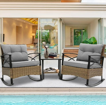 Segmart 3 Pieces Outdoor Patio Rocking Chairs FurnitureSet, Rattan Wicker Front Porch Bistro Conversation Furniture Set with Cushions Outside & Coffee Table, Max Weight 250 LBS, Blue