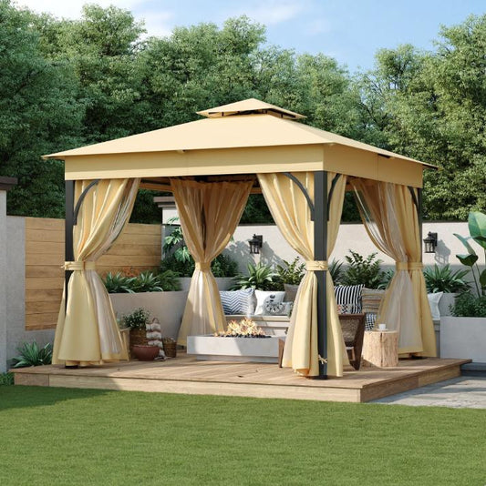Segmart Grill Gazebo Party Canopy Tent with Double Roofs, 10x10Ft BBQ Garden Gazebo with 4 Zippered Mosquito Netting and Privacy Screens,UV-Resistant Party Canopy for 4-5 Person, Beige