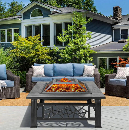 Segmart 32" Fire Pit for Outside, Square Wood Burning Metal Firepit Table w/Waterproof Cover, Food Clip, Mesh Screen Lid, Poker, Heater/Grill/Ice Pit for Backyard Patio Garden BBQ Grill, S7044
