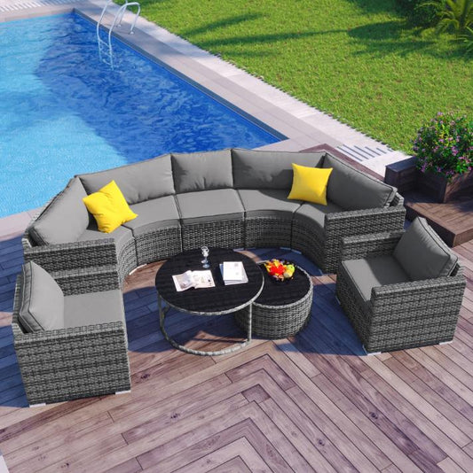 9 Pieces Patio Furniture Set, Wicker Sectional Table and Chairs Sets, Patio Conversation Set with Sectional Chaise Longue, Coffee Table, Suitable for Porch Backyard Garden, Gray