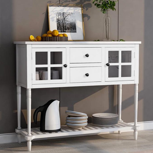 Console Table Buffet Sideboard with 2 Drawers and 2 Glass Cabinet, Retro Farmhouse Tall Wood Sideboard Cupboard w/Solid Wood Frame and Legs and Bottom Shelf for Kitchen, 114lbs, White, S546