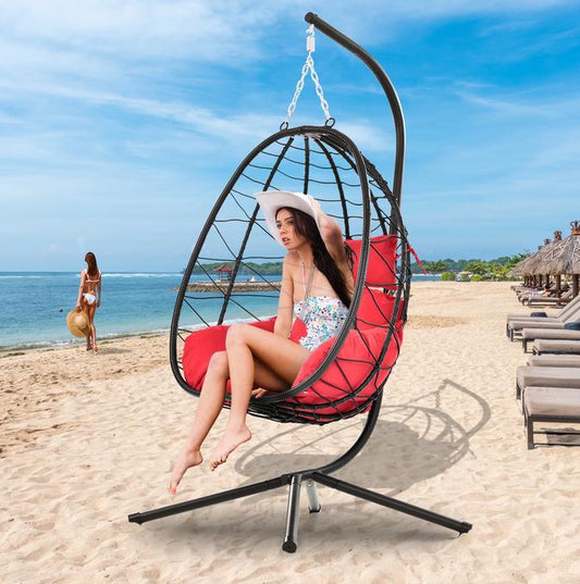 Hanging Hammock Chair, Wicker Egg Chair with Comfortable Seat and Back Cushion, 350LBS Capacity Egg Chair w/Stand, Durable All-Weather UV Rattan Lounge Chair for Patio, Deck, Yard, Garden, Red, SS1955