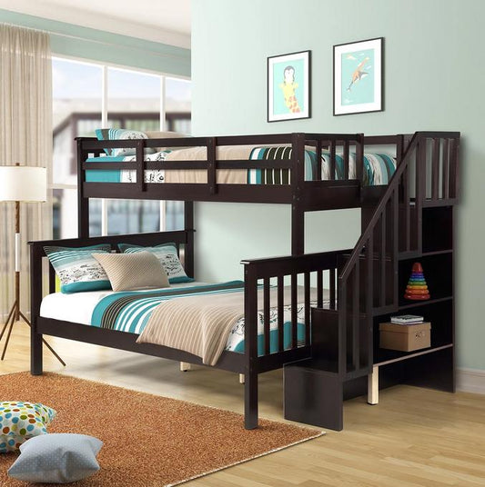 SEGMART Wood Bunk Beds for Kids, 76.97'' x 51.57'' Solid Wood Twin-Over-Full Kids Bed, Sturdy Wood Twin-Over-Full Bunk Beds w/ 4 Storage Shelves, 4-Step Ladder, Full-Length Guardrails, 250lbs, S1934