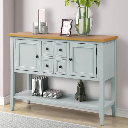 Buffet Sideboard TV Stand with 4 Drawers, 46'' x 15'' x 34'' Wood Buffet Sideboard Desk with 2 Cabinets and Bottom Shelf, Retro Tall Entryway Table w/ MDF panel for Kitchen Dining Room Cupboard, S5302