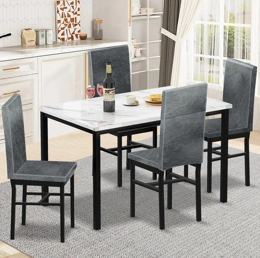 Kitchen Table and 4 Chairs Set, Metal Kitchen Table Sets Faux Marble Rectangular Breakfast Table w/Metal Legs & Black Finish Frame, Dining Table Sets for an Apartment Breakfast, Grey, SS1318