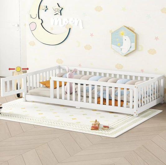 Segmart Wooden Twin Bed for Kids - Toddler Floor Bed Frame with Removable Guard Rails, Kids Bed for Ages 2-7 Years, Kid Bed for Girls and Boys, Standard Crib Size(Mattress Not Included), White