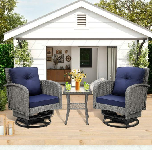 Patio Swivel Rocking Chairs Set, Segmart 3-Piece Outdoor 360° Rocking Patio Conversation Set with Thickened Cushions and Glass Coffee Table for Backyard, Max Weight 360 LBS, Navy