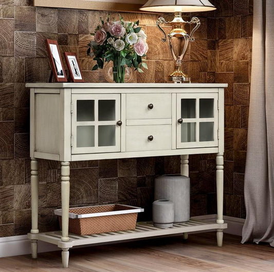 Console Table Buffet Sideboard with 2 Drawers and 2 Glass Cabinet, Retro Farmhouse Tall Wood Sideboard Cupboard w/Solid Wood Frame and Legs and Bottom Shelf for Kitchen, 114lbs, Antique Grey, S6786