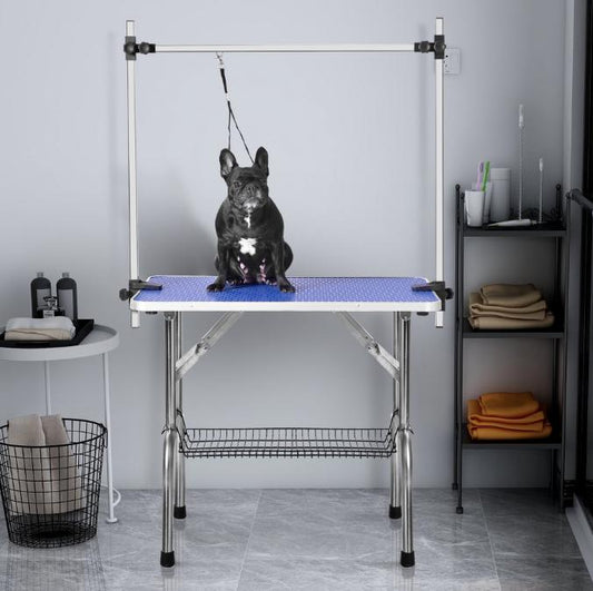 Professional Dog Grooming Table, Segmart 46'' x 24'' Heavy Duty Stainless Steel Frame Foldable Table w/Adjustable with Arm/Noose/2 No-Sit Haunch Holder, Capacity Up to 300lbs, Blue, S12033