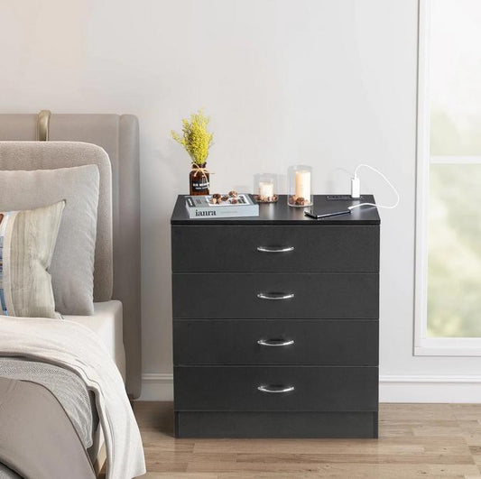 Segmart Black 4 Drawer Nightstand Dresser with USB Ports Outlet, Adults Wood Storage Entryway Cabinet for Home