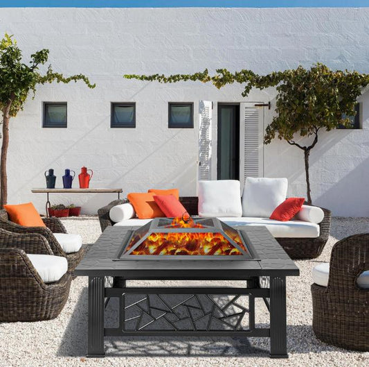Outdoor Fire Pit for Patio, 32" Square Steel Fire Pit with Mesh Screen Lid, Outdoor Metal Fire Pit with Poker, Multifunctional Heater/Grill/Ice Pit for Backyard Patio Garden BBQ Grill