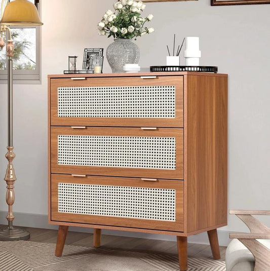 Segmart Brown 3 Dresser for Bedroom with 3 Drawers, Rattan Modern Closet Dressers, Chest of Drawers with Golden Handles, for Bedroom, Living Room, Hallway