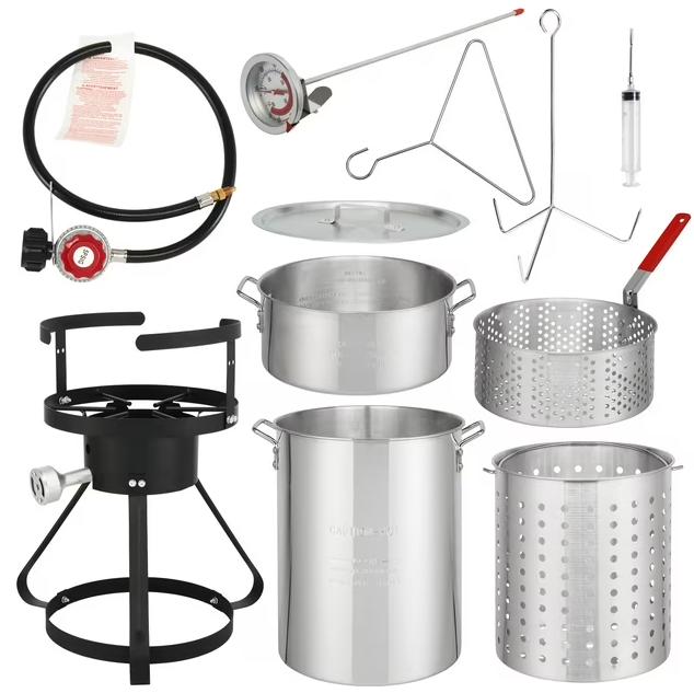 Outdoor Dual-Pot Turkey & Seafood Fryer Kit - 30QT Aluminum Fryer with 54,000 BTU Burner, 12" Thermometer & Poultry Rack - for Crab/Shrimp/Lobster (Silver)