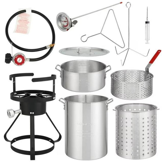 Outdoor Dual-Pot Turkey & Seafood Fryer Kit - 30QT Aluminum Fryer with 54,000 BTU Burner, 12" Thermometer & Poultry Rack - for Crab/Shrimp/Lobster (Silver)