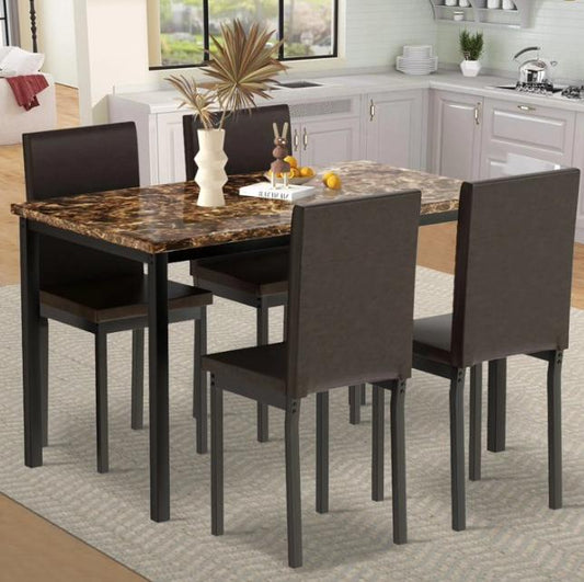 Kitchen Dining Table Set, Metal Kitchen Table Sets with 4 Chairs, Faux Marble Rectangular Breakfast Table w/Metal Legs & Black Finish Frame, Dining Table Sets for an Apartment Breakfast, S12528