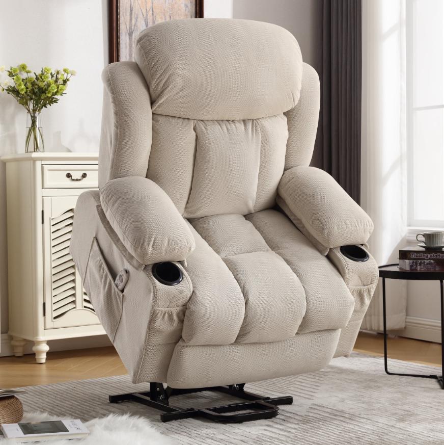 Power Lift Recliner Chair for Elderly, Heavy Duty and Safety Motion Reclining Mechanism Recliner Chair with Remote Control, Plush Fabric Sofa Living Room Chair with Overstuffed Design, Beige