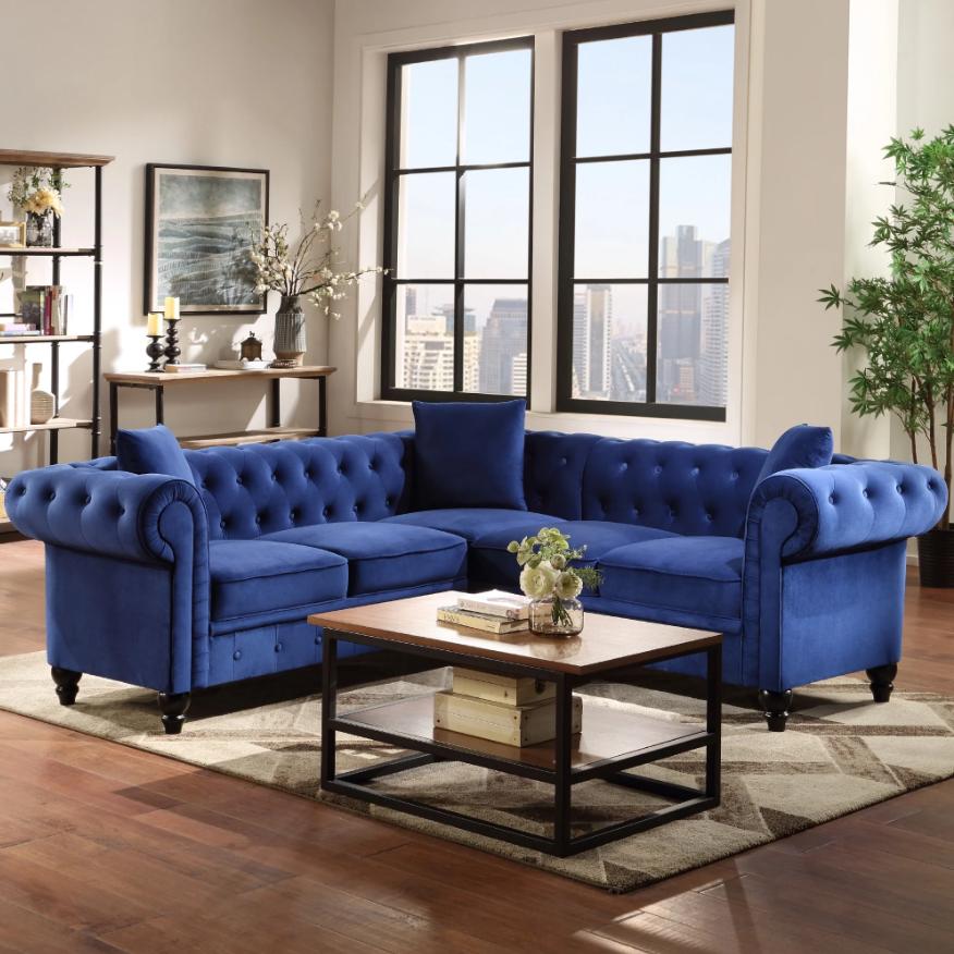 Modern Upholstered Sofa with 2 Sectional Loveseat Couches, 80'' Modern Velvet Chesterfield Loveseat Sofas with 3 Pillows, Upholstered L-Shaped Button-Tufted Scrolled Back Furniture Set, S9892