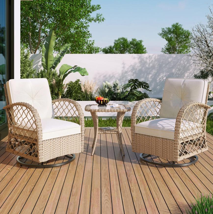 Patio Wicker Chairs Swivel Rocker, Segmart Outdoor Swivel Rocking Chairs Set of 2 with Rattan Side Table, Patio Swivel Glider Chair 3 Piece Patio Furniture Sets for Patio Porch Pool, Natural