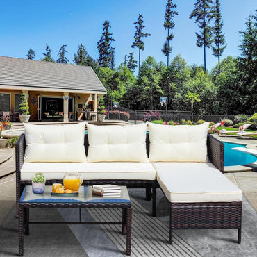 Segmart 3-Piece Outdoor Patio Furniture Set, Wicker PE Rattan Conversation Loveseat Sofa Set with Glass Coffee Table&Cushions, Sectional Couch for Porch Poolside Backyard, Beige