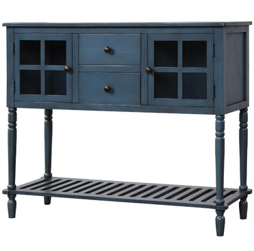 Console Table Buffet Sideboard with 2 Drawers and 2 Glass Cabinet, Retro Farmhouse Tall Wood Sideboard Cupboard w/Solid Wood Frame and Legs and Bottom Shelf for Kitchen, 114lbs, Antique Navy, S526