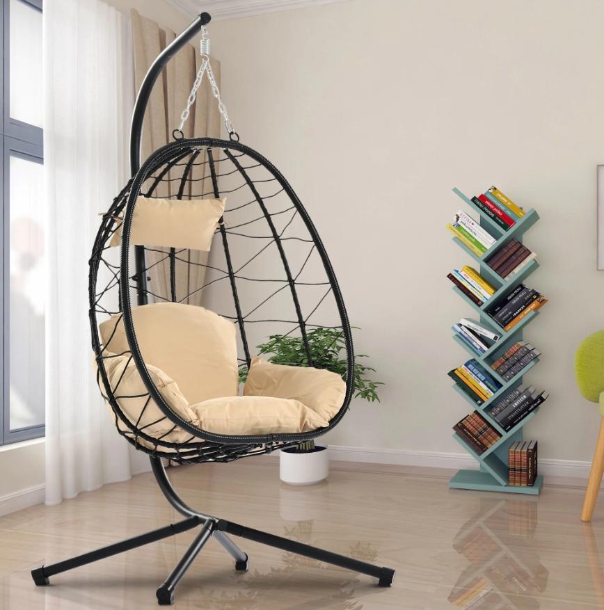 Swing Egg Chair, Outdoor Hanging Egg Chair with Stand, Wicker Swing Chair w/ Seat and Back Cushion, All-Weather UV Rattan Lounge Chair for Livingroom, Patio, Deck, Yard, Garden, 350lbs, Beige, S454
