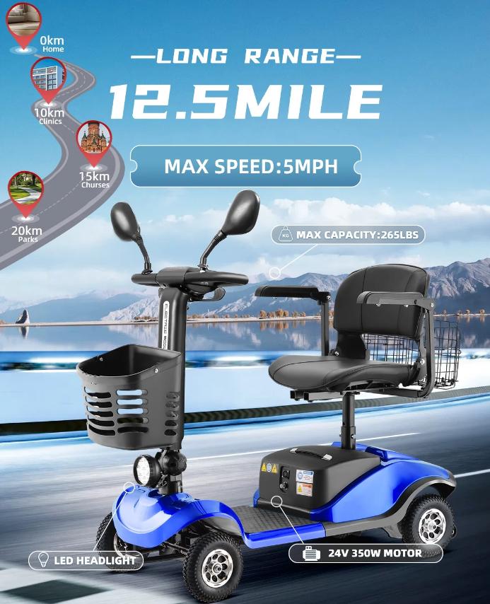 SEGMART Folding Mobility Scooter for Elderly,4 Wheel All Terrain Motorized Scooter with Detachable Basket and Control Panel for Seniors Adult