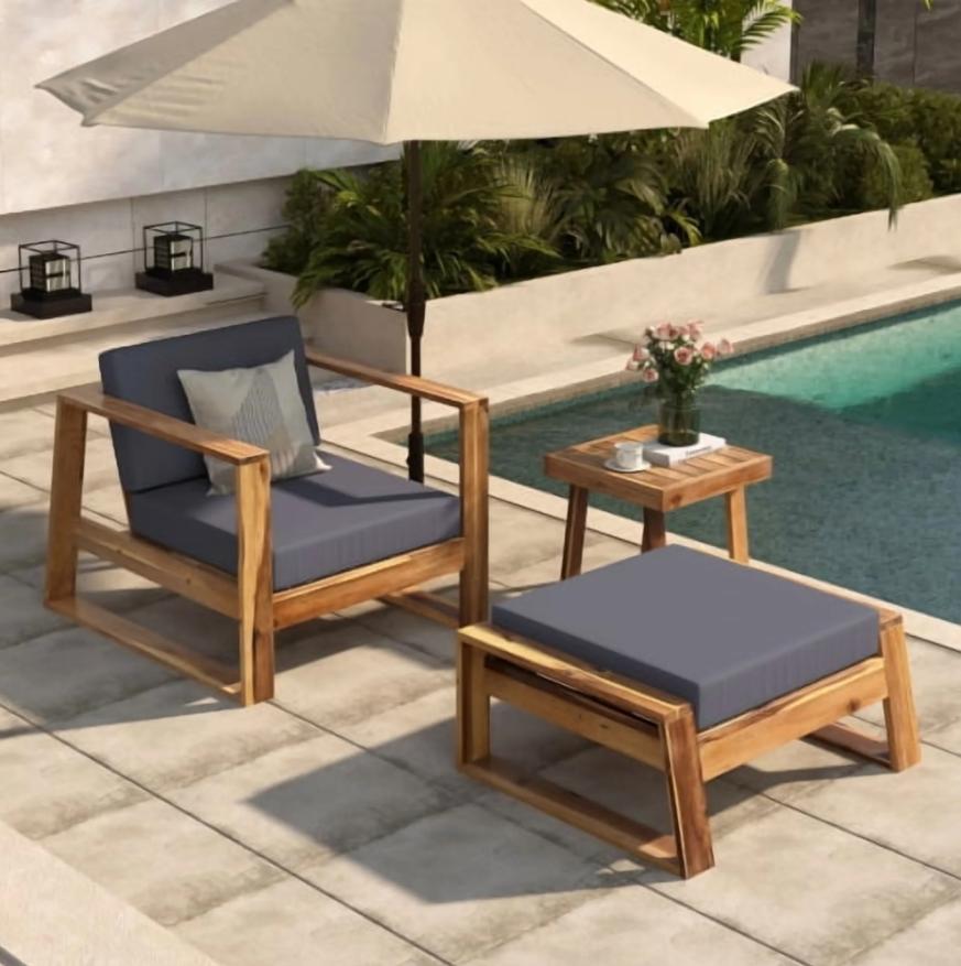 3 Pack Outdoor Lounge Chair, Acacia Wood Chaise Lounge set-Chair & Ottoman, Sunbathing Recliner, Beach Chair, Tanning Chair for Patios, Balconies, and Gardens