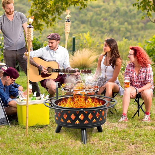 Segmart Fire Pit with Grill Grate, 30'' Outside Round Wood Burning Cooking Bonfire Firepit Bowl with Spark Screen, Diamond Vents Decor Firepit for Outdoor Backyard Garden Patio Bonfire BBQ, Black