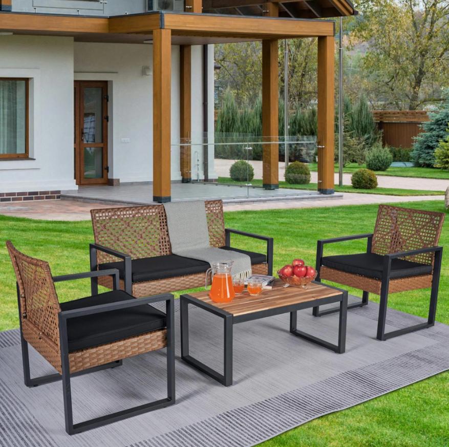 Segmart Patio Conversation Set for Outdoor, 2025 Upgrade 4-Piece Conversation Furniture Set w/Loveseat Sofa, 2 Single Sofas, Coffee Dining Table and Padded Cushions, Max Weight 705 lbs, Brown