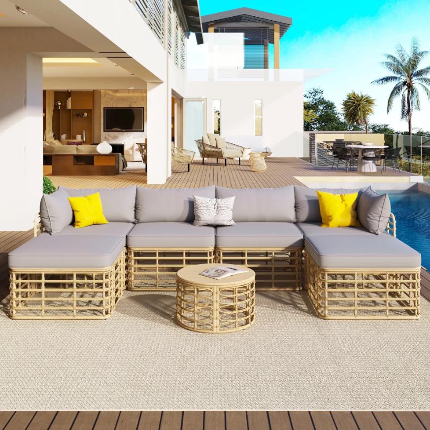 7 Pieces Patio Furniture Set, Wicker Sectional Table and Chairs Sets, Patio Conversation Set with Sectional Chaise Longue, Coffee Table, Suitable for Porch Backyard Garden, Gray