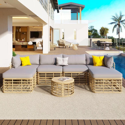 7 Pieces Patio Furniture Set, Wicker Sectional Table and Chairs Sets, Patio Conversation Set with Sectional Chaise Longue, Coffee Table, Suitable for Porch Backyard Garden, Gray