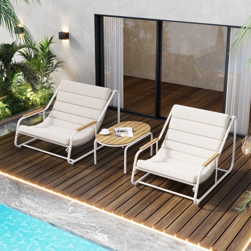 Outdoor Chaise Lounge Chairs Set of 3, Segmart Patio Chaise Lounge Chair with Acacia Side Table, Pool Lounge Chairs for Lawn, Deck, Beach, Max Weight 400 lbs, Beige & White