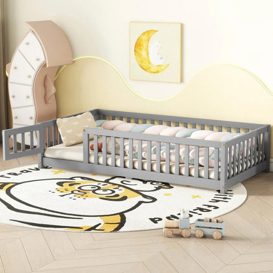 Segmart Wooden Twin Bed for Kids - Toddler Floor Bed Frame with Removable Guard Rails, Kids Bed for Ages 2-7 Years, Kid Bed for Girls and Boys, Standard Crib Size(Mattress Not Included), Gray