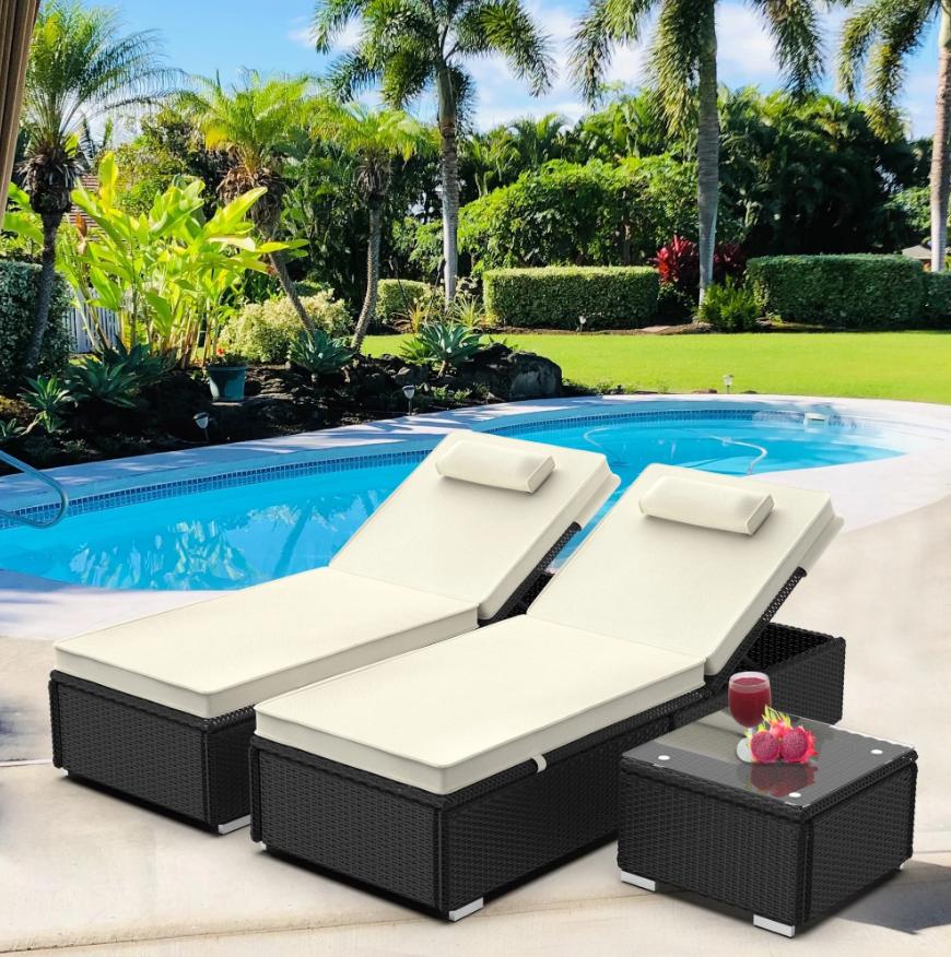 Segmart 3 Pieces Reclining Outdoor Patio Lounge Furniture Set, All-Weather Poolside Rattan Wicker Chaise Chairs Sets with Cushions & 2 Pillows, for Backyard Deck Porch Garden, Beige, SS2120