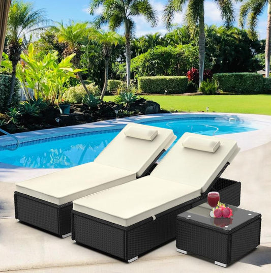 Segmart 3 Pieces Reclining Outdoor Patio Lounge Furniture Set, All-Weather Poolside Rattan Wicker Chaise Chairs Sets with Cushions & 2 Pillows, for Backyard Deck Porch Garden, Beige, SS2120