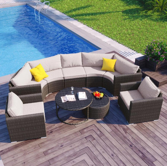 9 Pieces Patio Furniture Set, Wicker Sectional Table and Chairs Sets, Patio Conversation Set with Sectional Chaise Longue, Coffee Table, Suitable for Porch Backyard Garden, Beige