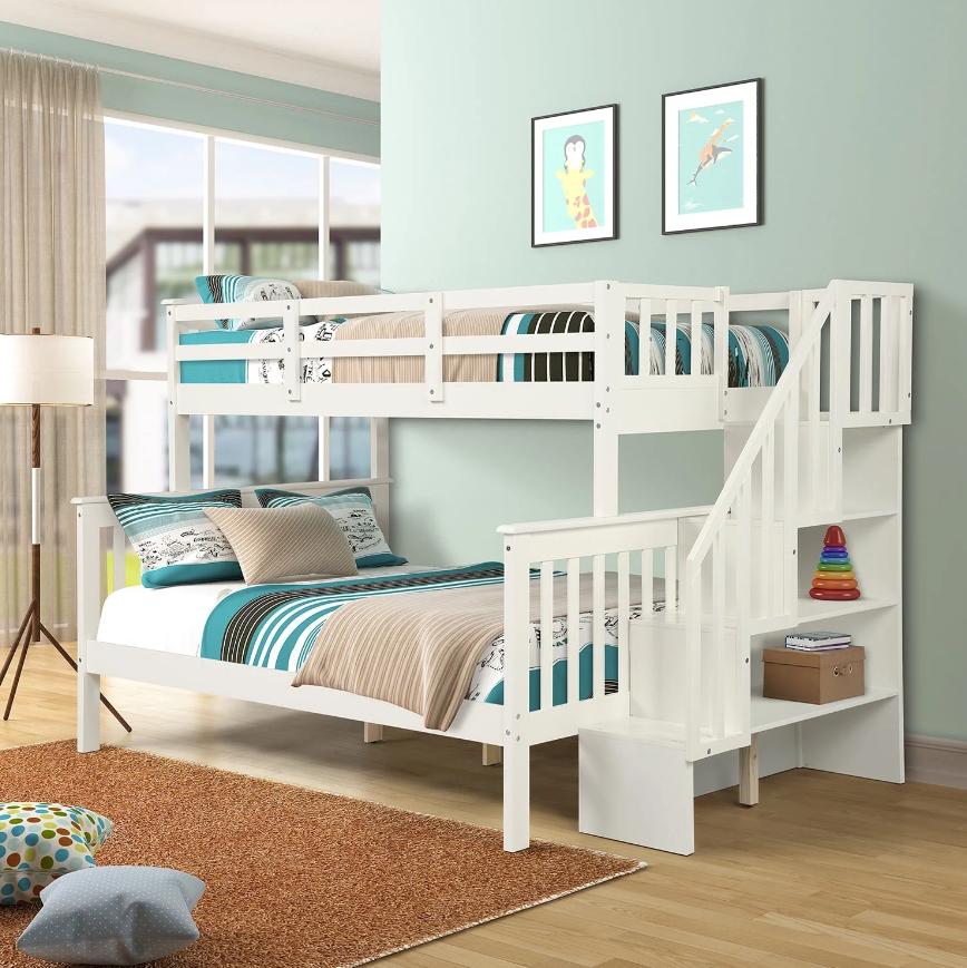 SEGMART Wood Bunk Beds for Kids, 76.97'' x 51.57'' Solid Wood Twin-Over-Full Kids Bed, Sturdy Wood Twin-Over-Full Bunk Beds w/ 4 Storage Shelves, 4-Step Ladder, Full-Length Guardrails, 250lbs, S1914