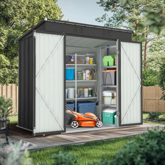 Segmart Outdoor Storage Shed, 6x4FT Galvanized Steel Metal Bike Shed with Lockable Door, Waterproof Outdoor Garden Storage Tools Shed with Apex Roof, for Garden, Backyard, Gray