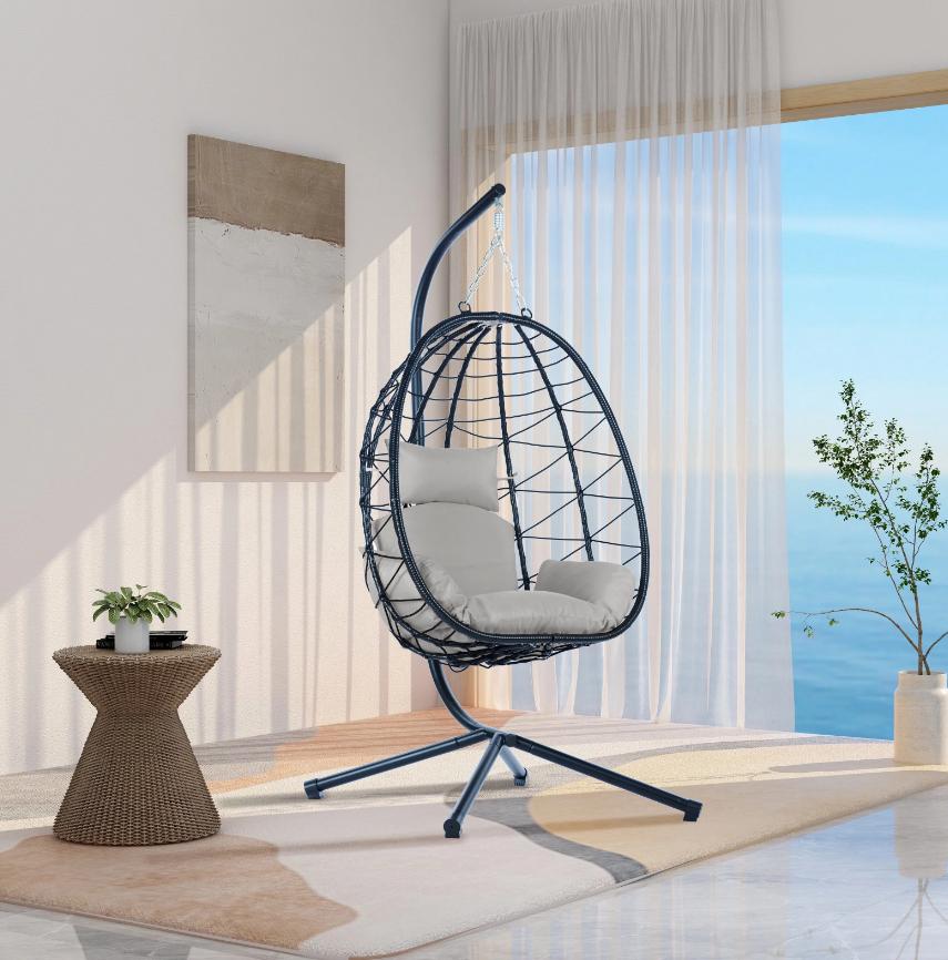 Segmart Patio Lounger Durable All-Weather UV Wicker Hammock Egg Chair with Hanging Kits, Light Gray