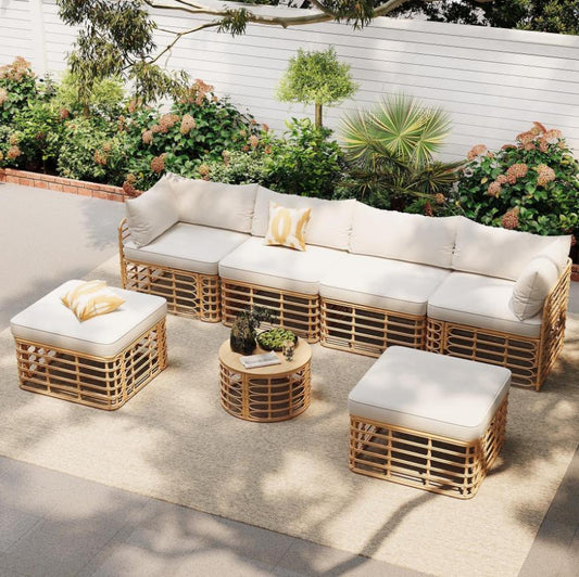 7 Pieces Patio Furniture Set, Wicker Sectional Table and Chairs Sets, Patio Conversation Set with Sectional Chaise Longue, Coffee Table, Suitable for Porch Backyard Garden, Beige