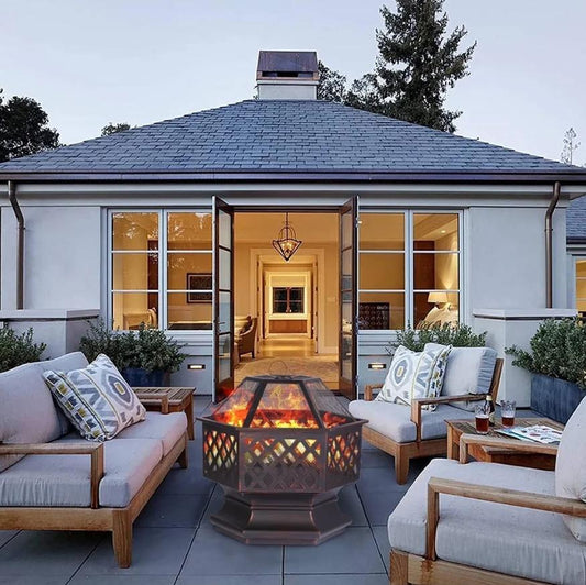 Segmart Fire Pit for Outside, Hexagon-shaped Outdoor Wood Burning Firepit w/Mesh Screen Lid, Poker, Multifunctional Heater/Grill/Ice Pit for Backyard Patio Garden BBQ Grill, Bronze