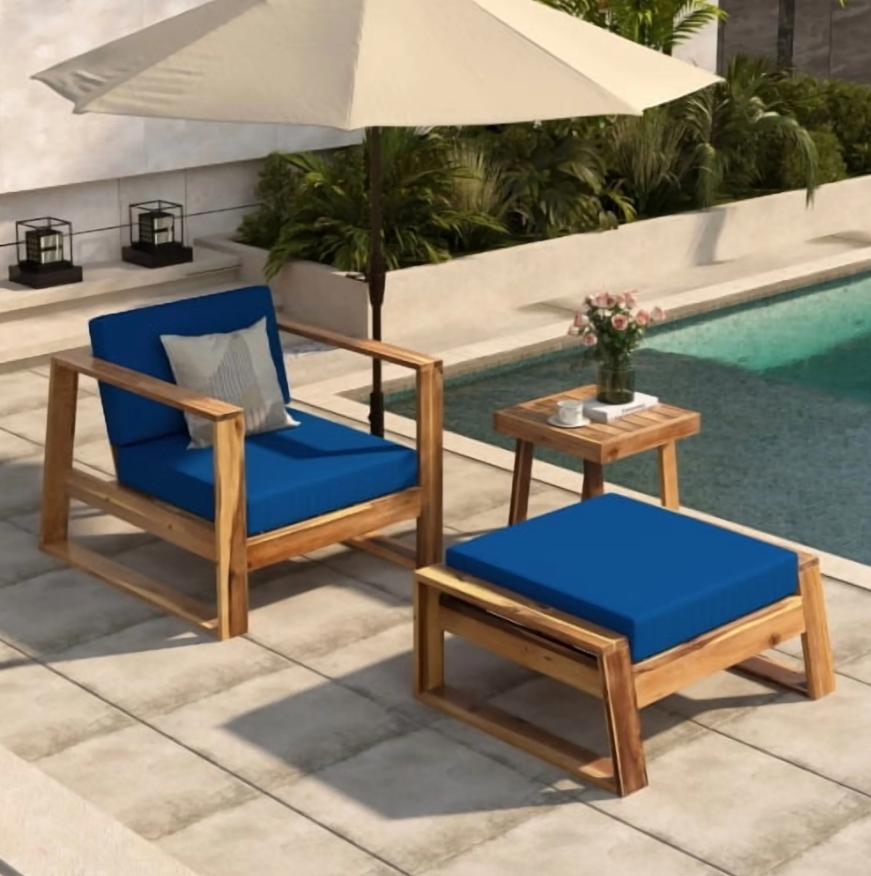 3 Pack Outdoor Lounge Chair, Acacia Wood Chaise Lounge set-Chair & Ottoman, Sunbathing Recliner, Beach Chair, Tanning Chair for Patios, Balconies, and Gardens