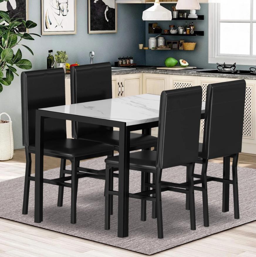 Kitchen Table and 4 Chairs Set, Metal Kitchen Table Sets Faux Marble Rectangular Breakfast Table w/Metal Legs & Black Finish Frame, Dining Table Sets for an Apartment Breakfast, SS1268